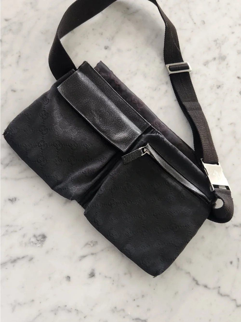Gucci Black Monogram Belt Bag with Front Zip Pocket